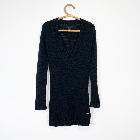 Vintage y2k black long deep v neck wool sweater or dress BCBGmaxazria Medium - Picture 3 of 7